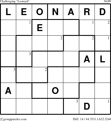 The grouppuzzles.com Challenging Leonard puzzle for  with the first 3 steps marked