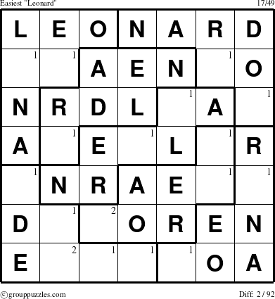 The grouppuzzles.com Easiest Leonard puzzle for  with the first 2 steps marked
