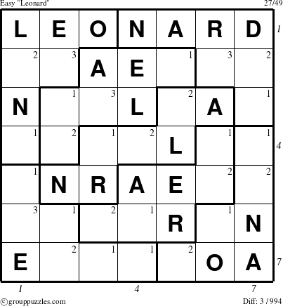 The grouppuzzles.com Easy Leonard puzzle for  with all 3 steps marked