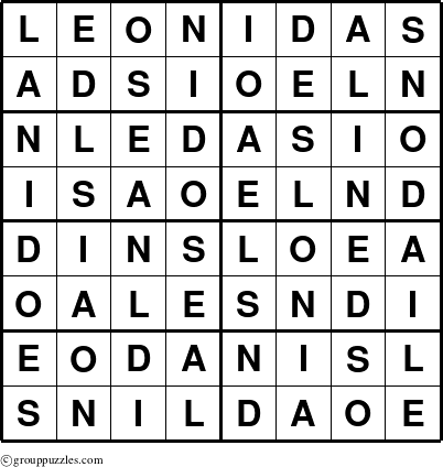 The grouppuzzles.com Answer grid for the Leonidas puzzle for 
