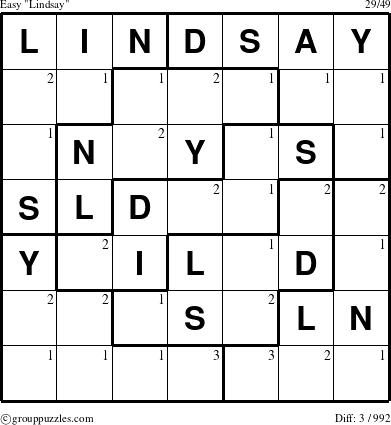 The grouppuzzles.com Easy Lindsay puzzle for  with the first 3 steps marked