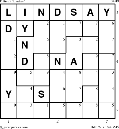 The grouppuzzles.com Difficult Lindsay puzzle for  with all 9 steps marked