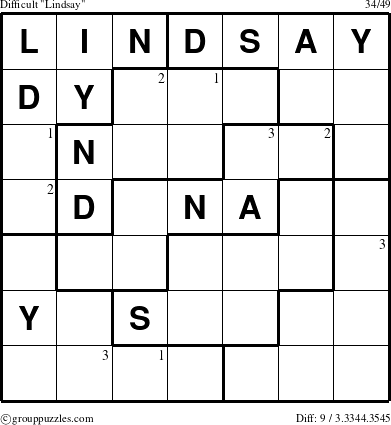 The grouppuzzles.com Difficult Lindsay puzzle for  with the first 3 steps marked