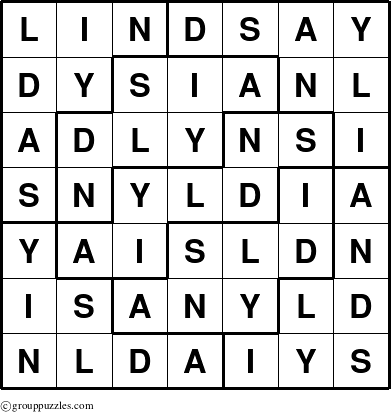 The grouppuzzles.com Answer grid for the Lindsay puzzle for 