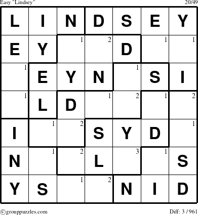 The grouppuzzles.com Easy Lindsey puzzle for  with the first 3 steps marked