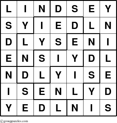 The grouppuzzles.com Answer grid for the Lindsey puzzle for 