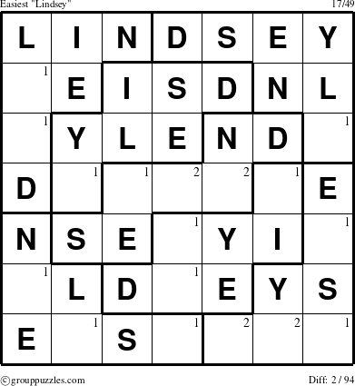 The grouppuzzles.com Easiest Lindsey puzzle for  with the first 2 steps marked