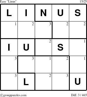 The grouppuzzles.com Easy Linus puzzle for  with the first 3 steps marked