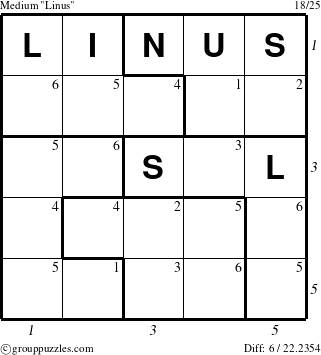 The grouppuzzles.com Medium Linus puzzle for  with all 6 steps marked