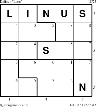 The grouppuzzles.com Difficult Linus puzzle for  with all 8 steps marked