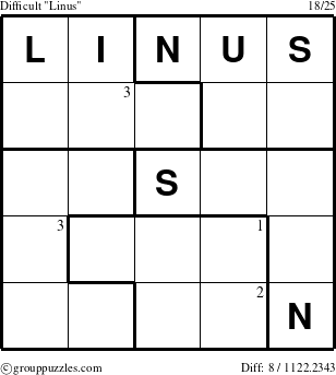The grouppuzzles.com Difficult Linus puzzle for  with the first 3 steps marked