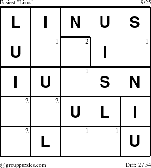 The grouppuzzles.com Easiest Linus puzzle for  with the first 2 steps marked