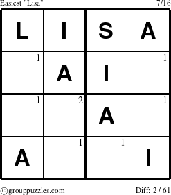 The grouppuzzles.com Easiest Lisa puzzle for  with the first 2 steps marked