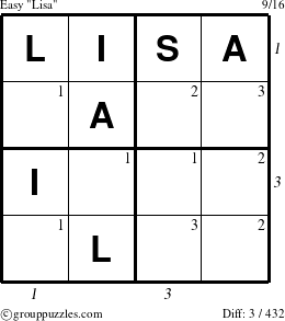 The grouppuzzles.com Easy Lisa puzzle for  with all 3 steps marked