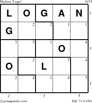 The grouppuzzles.com Medium Logan puzzle for  with all 5 steps marked