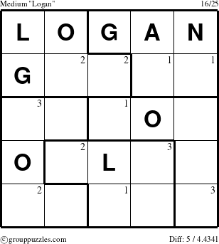 The grouppuzzles.com Medium Logan puzzle for  with the first 3 steps marked