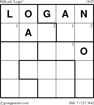 The grouppuzzles.com Difficult Logan puzzle for  with the first 3 steps marked