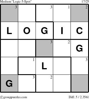 The grouppuzzles.com Medium Logic-5-Spot-r1 puzzle for  with the first 3 steps marked