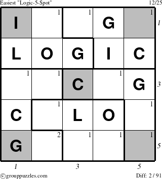 The grouppuzzles.com Easiest Logic-5-Spot-r1 puzzle for  with all 2 steps marked