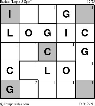 The grouppuzzles.com Easiest Logic-5-Spot-r1 puzzle for  with the first 2 steps marked