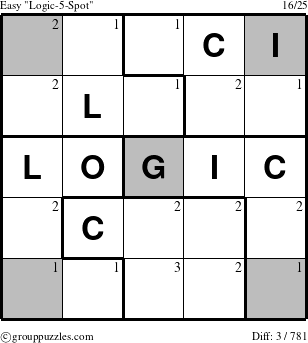 The grouppuzzles.com Easy Logic-5-Spot-r2 puzzle for  with the first 3 steps marked