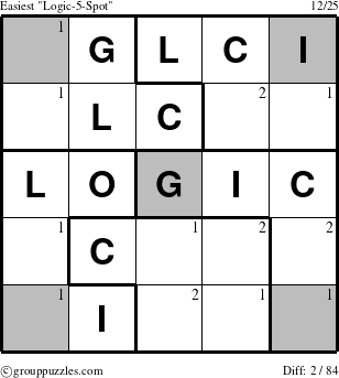The grouppuzzles.com Easiest Logic-5-Spot-r2 puzzle for  with the first 2 steps marked