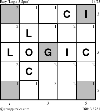 The grouppuzzles.com Easy Logic-5-Spot-r2 puzzle for  with all 3 steps marked