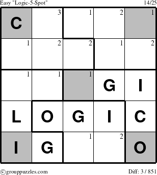 The grouppuzzles.com Easy Logic-5-Spot-r3 puzzle for  with the first 3 steps marked