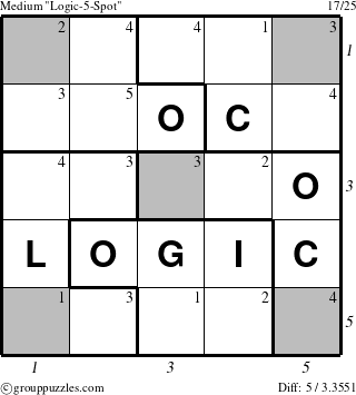 The grouppuzzles.com Medium Logic-5-Spot-r3 puzzle for  with all 5 steps marked