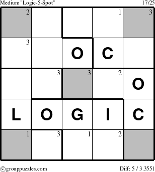 The grouppuzzles.com Medium Logic-5-Spot-r3 puzzle for  with the first 3 steps marked