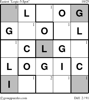 The grouppuzzles.com Easiest Logic-5-Spot-r3 puzzle for  with the first 2 steps marked