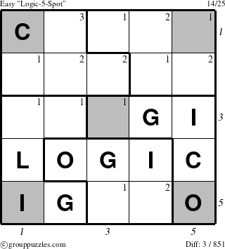 The grouppuzzles.com Easy Logic-5-Spot-r3 puzzle for  with all 3 steps marked