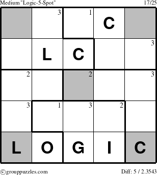 The grouppuzzles.com Medium Logic-5-Spot-r4 puzzle for  with the first 3 steps marked