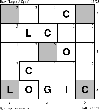 The grouppuzzles.com Easy Logic-5-Spot-r4 puzzle for  with all 3 steps marked