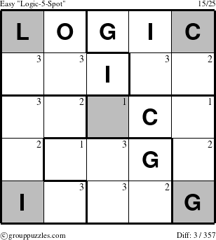 The grouppuzzles.com Easy Logic-5-Spot puzzle for  with the first 3 steps marked