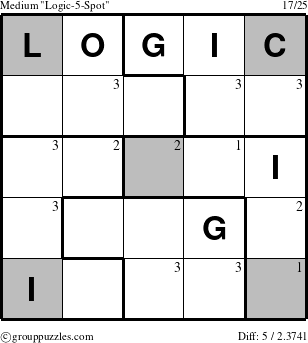 The grouppuzzles.com Medium Logic-5-Spot puzzle for  with the first 3 steps marked