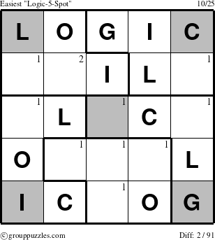 The grouppuzzles.com Easiest Logic-5-Spot puzzle for  with the first 2 steps marked