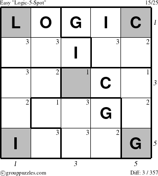 The grouppuzzles.com Easy Logic-5-Spot puzzle for  with all 3 steps marked