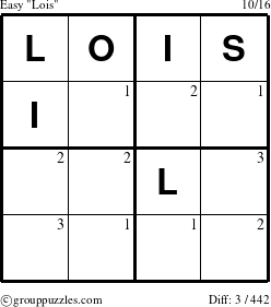 The grouppuzzles.com Easy Lois puzzle for  with the first 3 steps marked