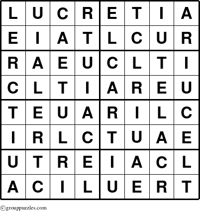 The grouppuzzles.com Answer grid for the Lucretia puzzle for 