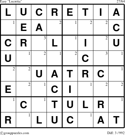 The grouppuzzles.com Easy Lucretia puzzle for  with the first 3 steps marked