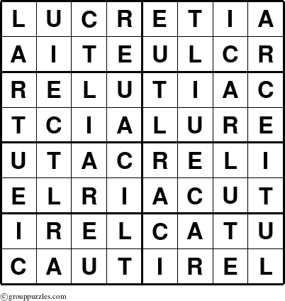 The grouppuzzles.com Answer grid for the Lucretia puzzle for 