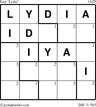 The grouppuzzles.com Easy Lydia puzzle for  with the first 3 steps marked