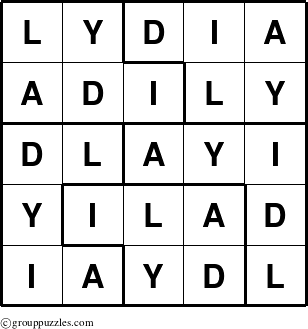 The grouppuzzles.com Answer grid for the Lydia puzzle for 