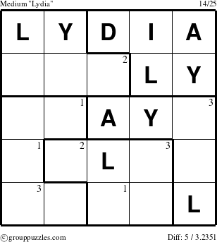 The grouppuzzles.com Medium Lydia puzzle for  with the first 3 steps marked