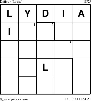 The grouppuzzles.com Difficult Lydia puzzle for  with the first 3 steps marked
