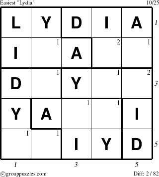 The grouppuzzles.com Easiest Lydia puzzle for  with all 2 steps marked