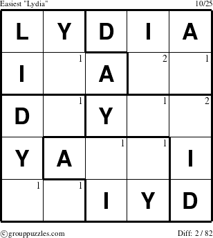 The grouppuzzles.com Easiest Lydia puzzle for  with the first 2 steps marked