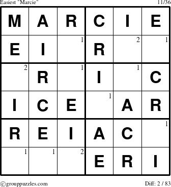 The grouppuzzles.com Easiest Marcie puzzle for  with the first 2 steps marked