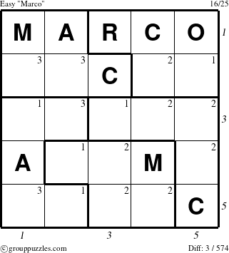 The grouppuzzles.com Easy Marco puzzle for  with all 3 steps marked